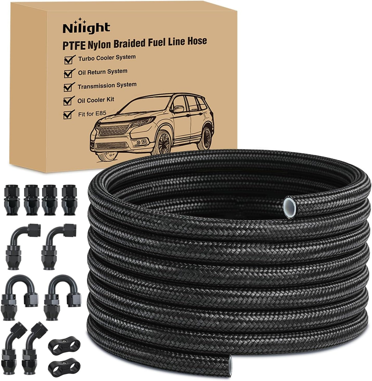 10AN 20FT PTFE Fuel Hose Kit with AN10 Fittings & Hose Separators | Fit E85 Nylon Stainless Steel Braided Fuel Hose with 12PCS Fittings Universal for Automotive Racing Engines