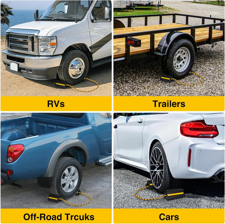 Wheel Chocks RV Car Heavy Duty Rubber Tire Chock Blocks Stopper Yellow Reflective Strips Stabilizer 2 Pack with Rope for RVs Cars Travel Trailers Campers Trucks Motorcycle Accessories Parking