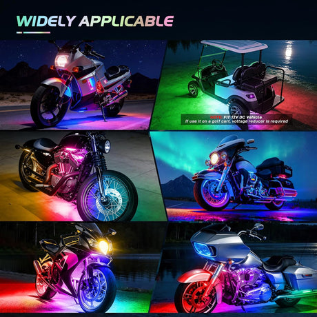 8PCS Motorcycle Dream Color LED Strip Lights Kit Waterproof Multicolor Atmosphere Neon Accent Lights Pods Lamp APP and Remote Control Underbody Strips for Harley Davidson Honda Kawasaki Suzuki