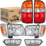 Headlight and Taillight Assembly Combo Compatible with 2001 2002 2003 2004 Toyota Tacoma OE Style Chrome Housing Amber Reflector with Red Housing Tail Lights