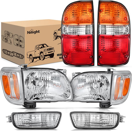 Headlight and Taillight Assembly Combo Compatible with 2001 2002 2003 2004 Toyota Tacoma OE Style Chrome Housing Amber Reflector with Red Housing Tail Lights