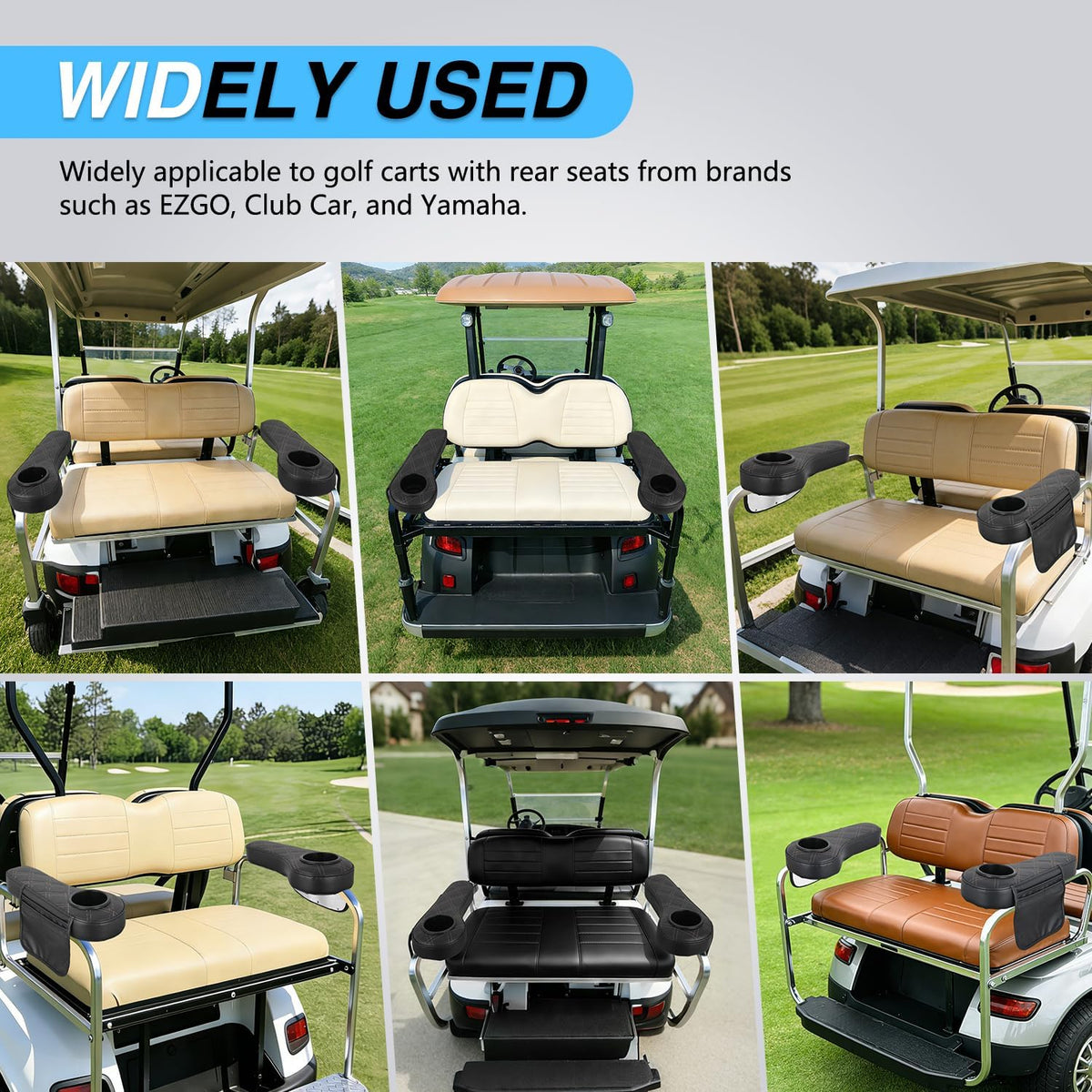 Golf Cart Armrests 2PCS Black Diamond Flip Stand Storage | No Drilling Cup Holder Detachable PU Leather Armrest Fits 1 Inch Square Tubes for EZGO Club Car Yamaha Rear Seat