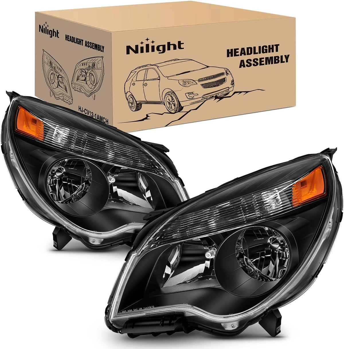 Headlight Assembly Compatible with 2010 2011 2012 2013 2014 2015 Chevy Chevrolet Equinox LS/LT OE Style Projector Replacement Halogen Headlights Black Housing Amber Reflector Headlamp a pair