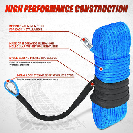 1/4 Inch x 50 Feet Winch Rope Synthetic Winch Line Cable Universal for ATV UTV 4x4 Off-Road Vehicle 9000lbs Winch Line Ropes with Steel Hook Rubber Stopper Protective Sleeve Safety Strap,Blue