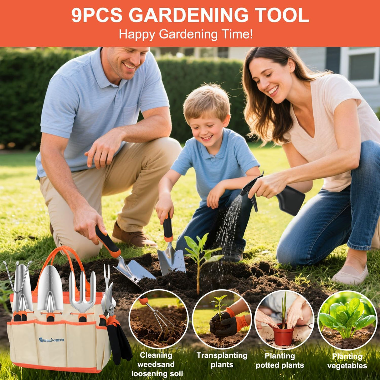 Gardening Tools 9-Piece Heavy Duty Garden Tool Set Gardening Supplies Gifts for Women Men Gardening Hand Tool Kit with Non-Slip Ergonomic Handle, Garden Bag, Durable Gloves and Shears, Orange