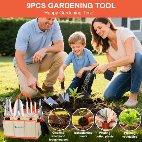 Gardening Tools 9-Piece Heavy Duty Garden Tool Set Gardening Supplies Gifts for Women Men Gardening Hand Tool Kit with Non-Slip Ergonomic Handle, Garden Bag, Durable Gloves and Shears, Orange