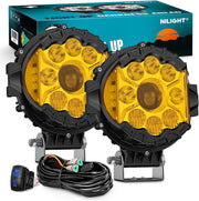 7 Inch LED Offroad Driving Lights High Low Beam 2 PCS 80W Round Amber Light Side Shooter Spot Flood Fog Light Pod w/ 16 AWG DT Connector Wiring Harness Kit for Jeep Truck ATV UTV SUV