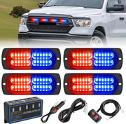 4PCS LED Strobe lights 12V 24V Sync Feature Red Blue 24LED Emergency Hazard Warning Lights with Controller Hard Wire or Cigarette Lighter Plug for Car Truck RVs Campers