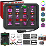 12 Gang Switch Panel Circuit Control Relay System APP RGB Backlight Fuse Wiring Harness Toggle Momentary Strobe Flash Modes Automatic Dimmable 12V 24V for Car Truck Camper SUV