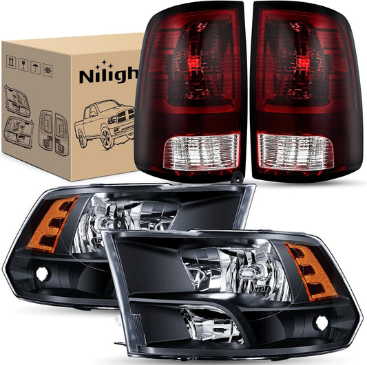 Headlight and Taillight Assembly Combo Compatible with 2009 2010 2011 2012 2013 2014 2015 2016 2017 2018 Dodge Ram for Quad Models Black Housing Amber Reflector with Dark Red Tail Light