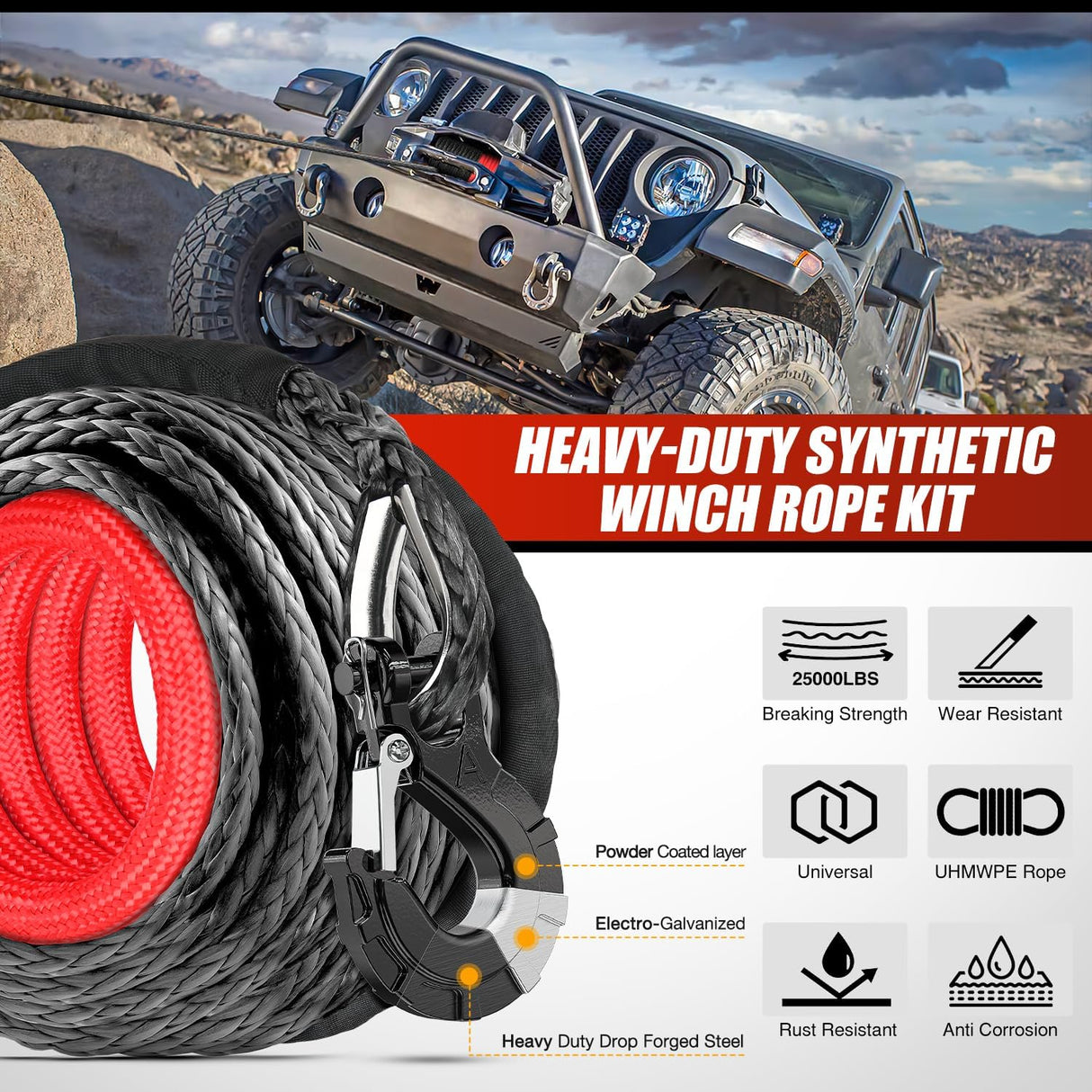 Synthetic Winch Rope Kit 3/8 Inch X 100' 25000 lbs with Red Jacket Rope Protective Sleeve Forged 35000lb Winch Hook Safety Strap Winch Cable Line for Off Road Vehicle Recovery Truck SUV, Black