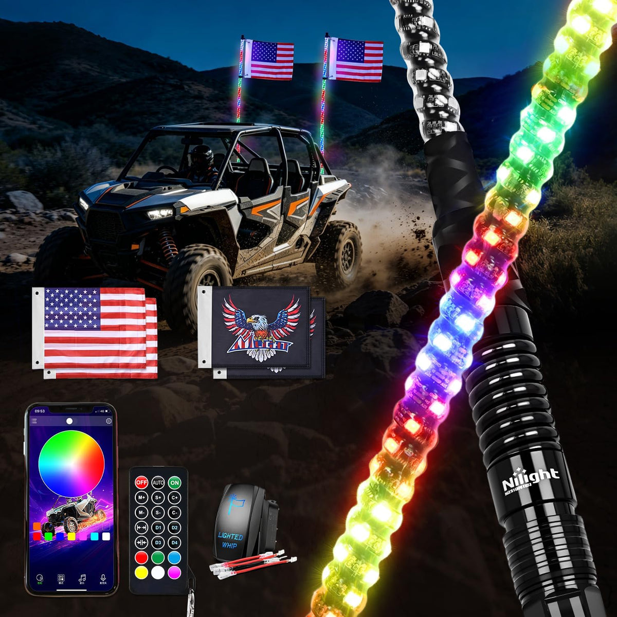 RGB LED Whip Light 2PCS 6FT Spiral Antenna Whips | APP and Remote Control with DIY Chasing Patterns Turn Signal Brake Reverse Functions and Spring Base for ATV UTV RZR and Jeep