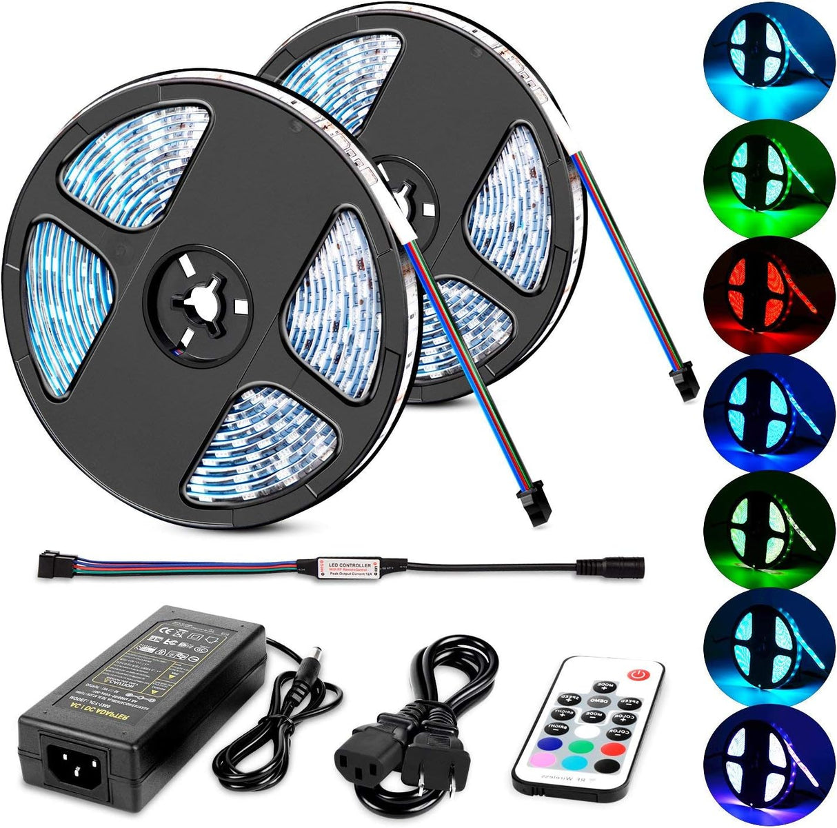 LED light strip 5050 32.8ft(10m) 600LEDs RGB Strip Lights LED Rope Light With Remote Controller DC 12V 2A Power Supply Adapter for Home & Kitchen, Christmas Decorative, 2 Years Warranty