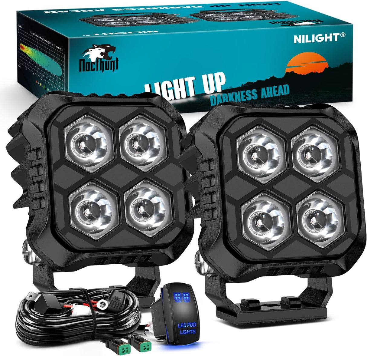 LED Pod Light 2 PCS 2.8 Inch 20W Square 4 LED Hyper Spot Beam Driving Offroad Lights w/18AWG Rocker Switch Wiring Harness Kit for Truck Motorbike Boat ATV UTV