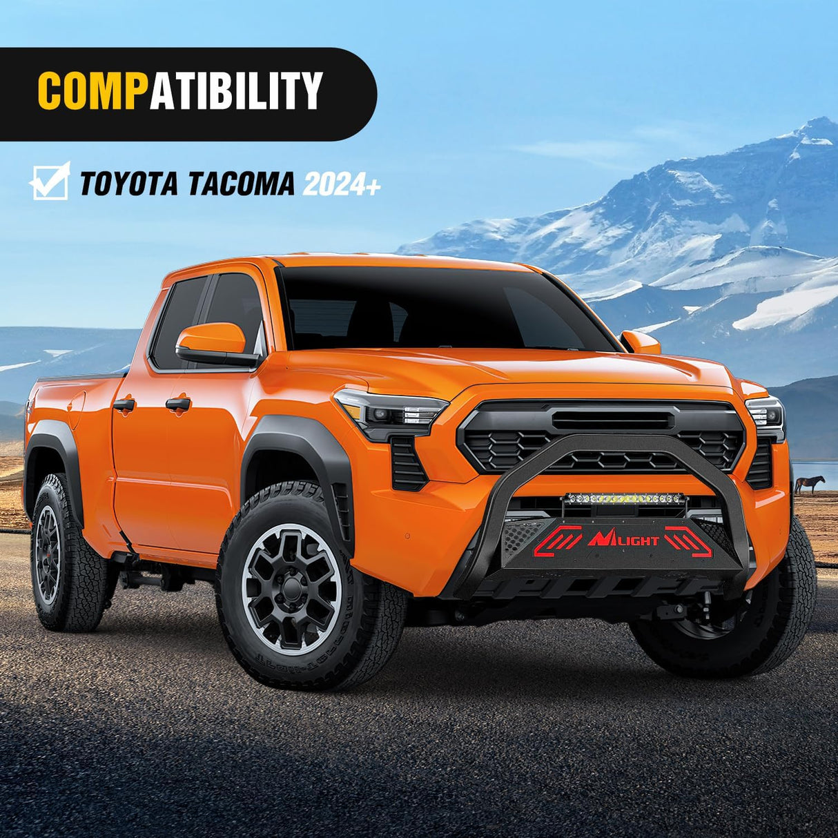 Bull Bar with Light Bar&License Plate Hole Compatible with Toyota Tacoma 2024 2025 2026 Truck Brush Guard, Front Bumper Push Bar w/Grille Skid Plate Light Mount