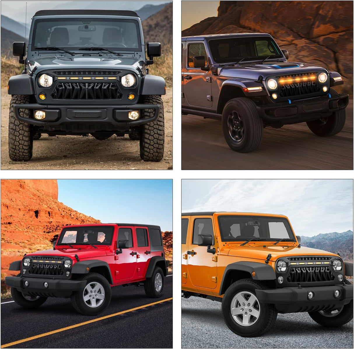 Front Grill Cover for 2007 2008 2009 2010 2011 2012 2013 2014 2015 2016 2017 2018 Wrangler JK/JKU Rubicon & Sahara Sport with LED Amber Lights Black