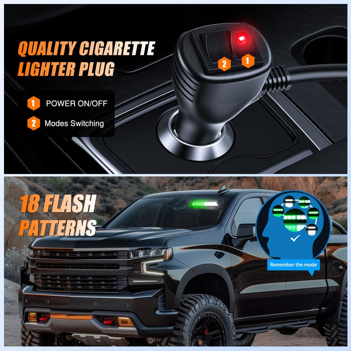 8LED Green White Traffic Advisor Strobe Light Bar Hazard Safety | with Vacuum Suction Emergency Dash Warning Flashing Lights Front/Rear Windshield Visor for Truck Police Construction Vehicles