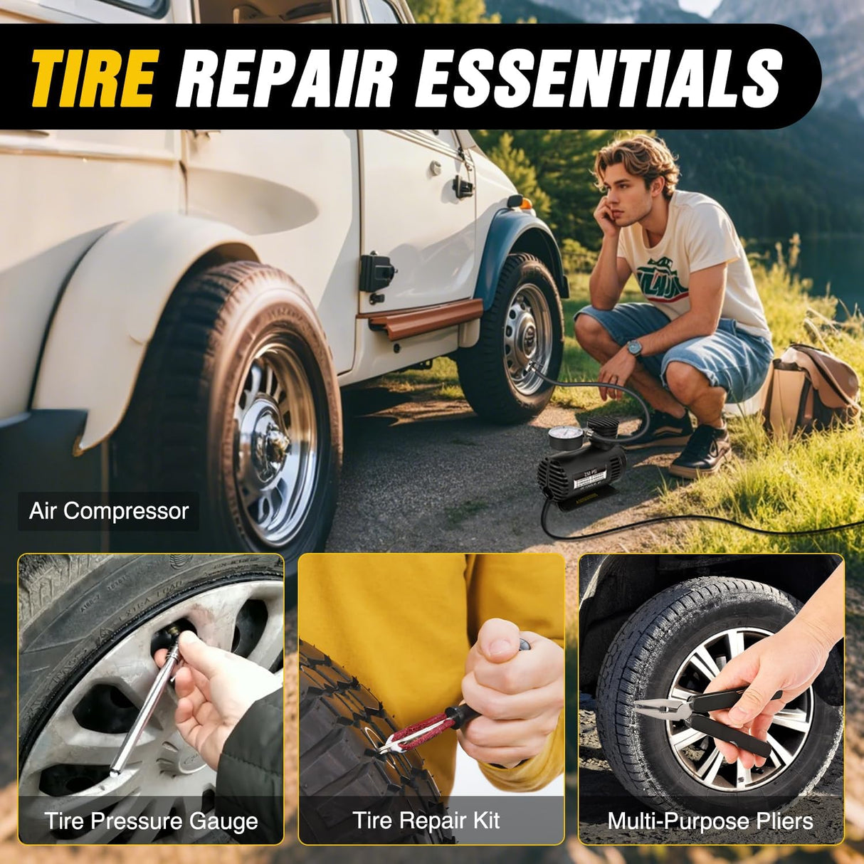 Car Emergency Kit with Jumper Cable Air Compressor Tire Repair Essential Tools First Aid Alligator Connector Electrical Kit for Travel Camping Outdoor Cars Truck SUV RV