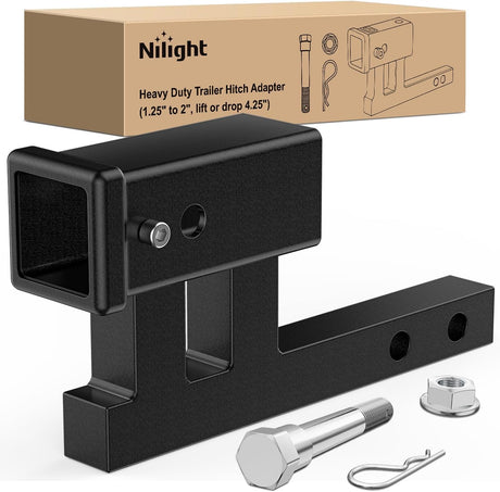 Trailer Hitch Extender Adapt 1-1/4 Inch to 2 Inch Receiver, 4-1/4 Inch Rise or Drop with Bolt Nut Clip 350 lbs TW Adjustable Extend 7.5 Inch and 9.5 Inch Length Matte Black Powder Coated
