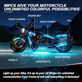 18PCS Motorcycle RGB Led Light Kit Waterproof Multi Color Atmosphere Neon Accent Lights Lamp with RF Wireless Remote for Harley Davidson Honda Kawasaki Yamaha Suzuki