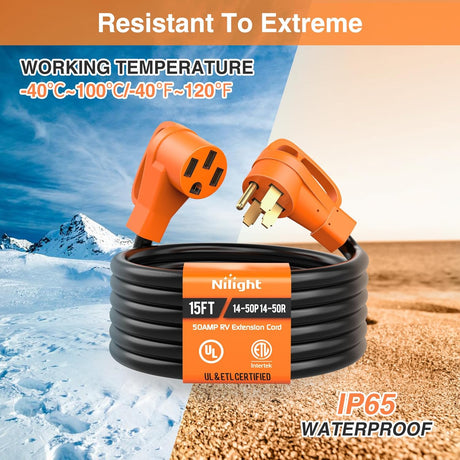 15FT 50 Amp RV Extension Cord with Adapter 15Amp to 50Amp 250V Heavy Duty 6/3+8/1 Gauge Pure Copper STW Wire UL ETL Listed 4 Prong 14-50P 14-50R Weatherproof Suit for Generators Camper