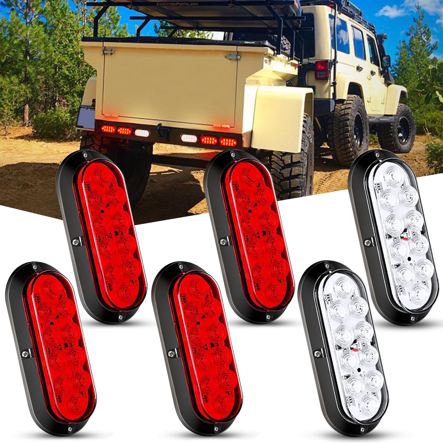6" Oval Red White Upgrade LED Trailer Tail Lights (6PCS) Nilight