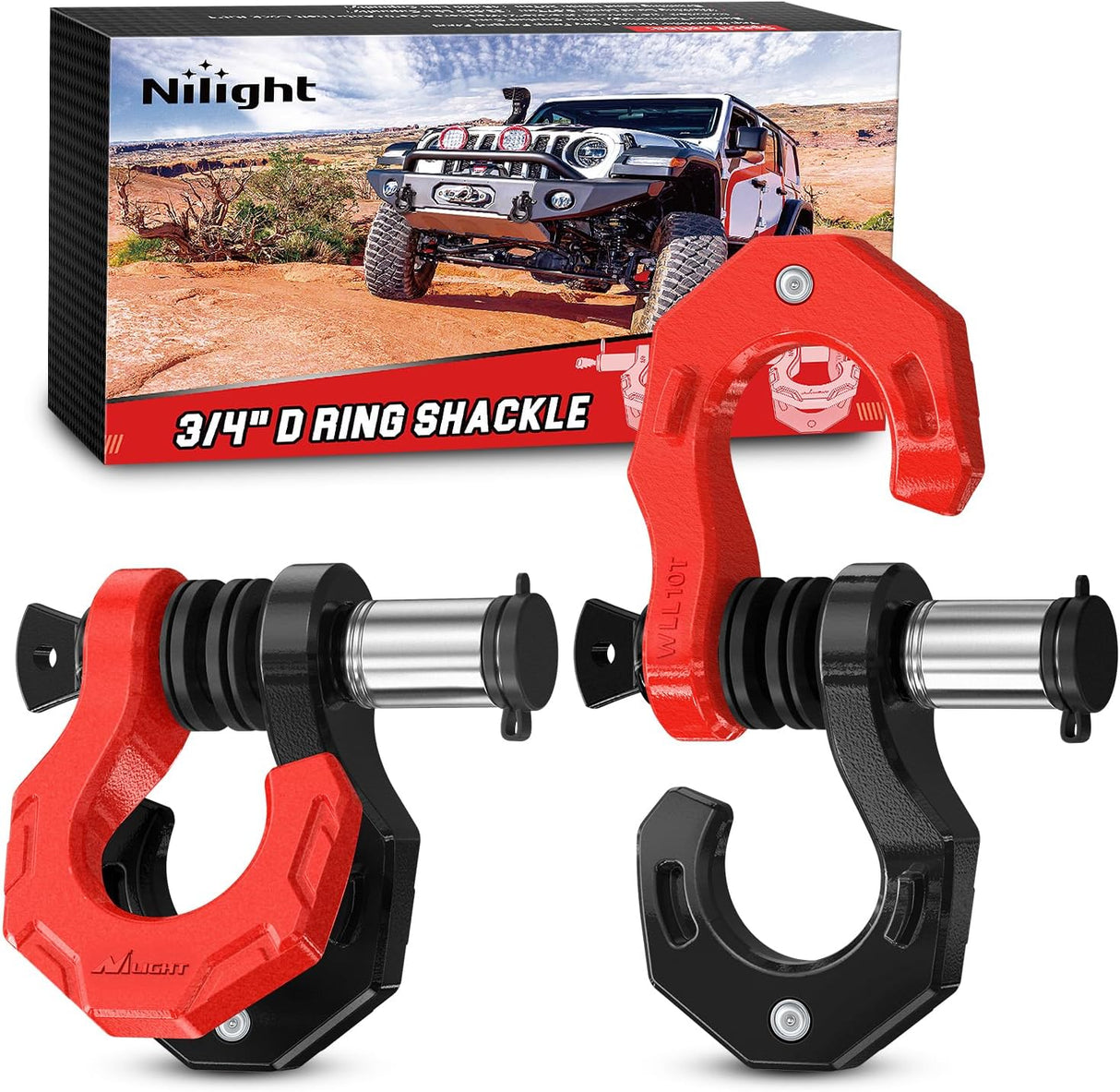 2 Pack 3/4 Inch D-Ring Separate Shackle 45,000 Lbs Break Strength | Includes 7/8 Inch Lock Pin, Isolators and Washers Off Road Recovery, for Tow Strap Winch Truck Vehicle Black&Red