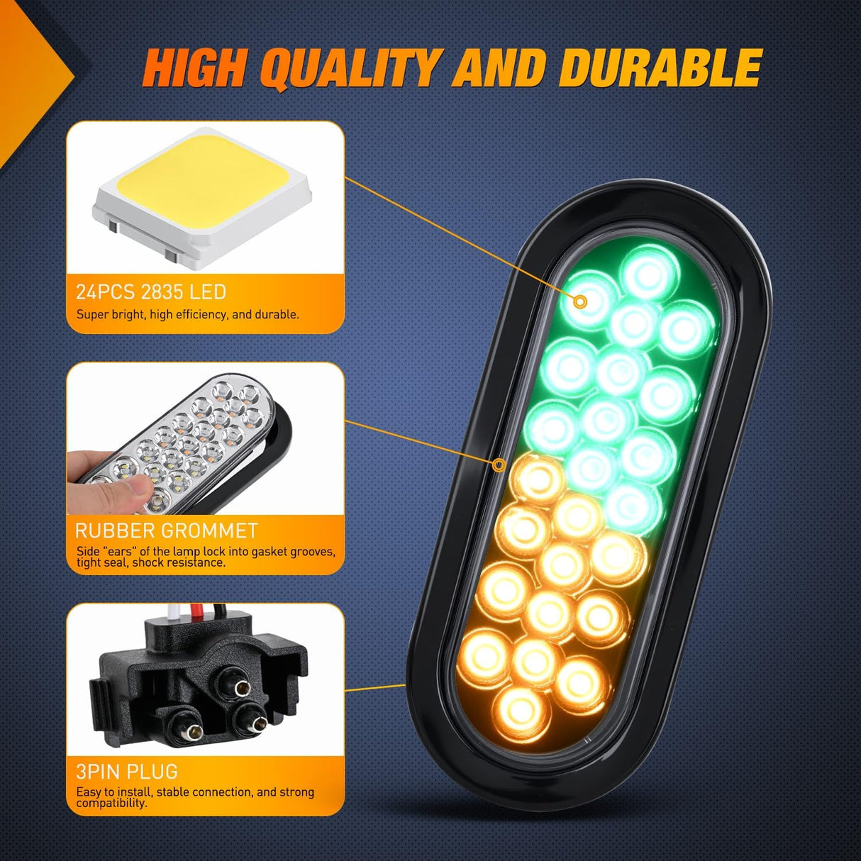Strobe Lights 2PCS 6Inch Oval 24LED Amber Green Warning | Recessed Rubber Grommet IP67 Waterproof Marker Clearance Road Flare Emergency Lights for Trailer Truck Pickup Camper RV Boat
