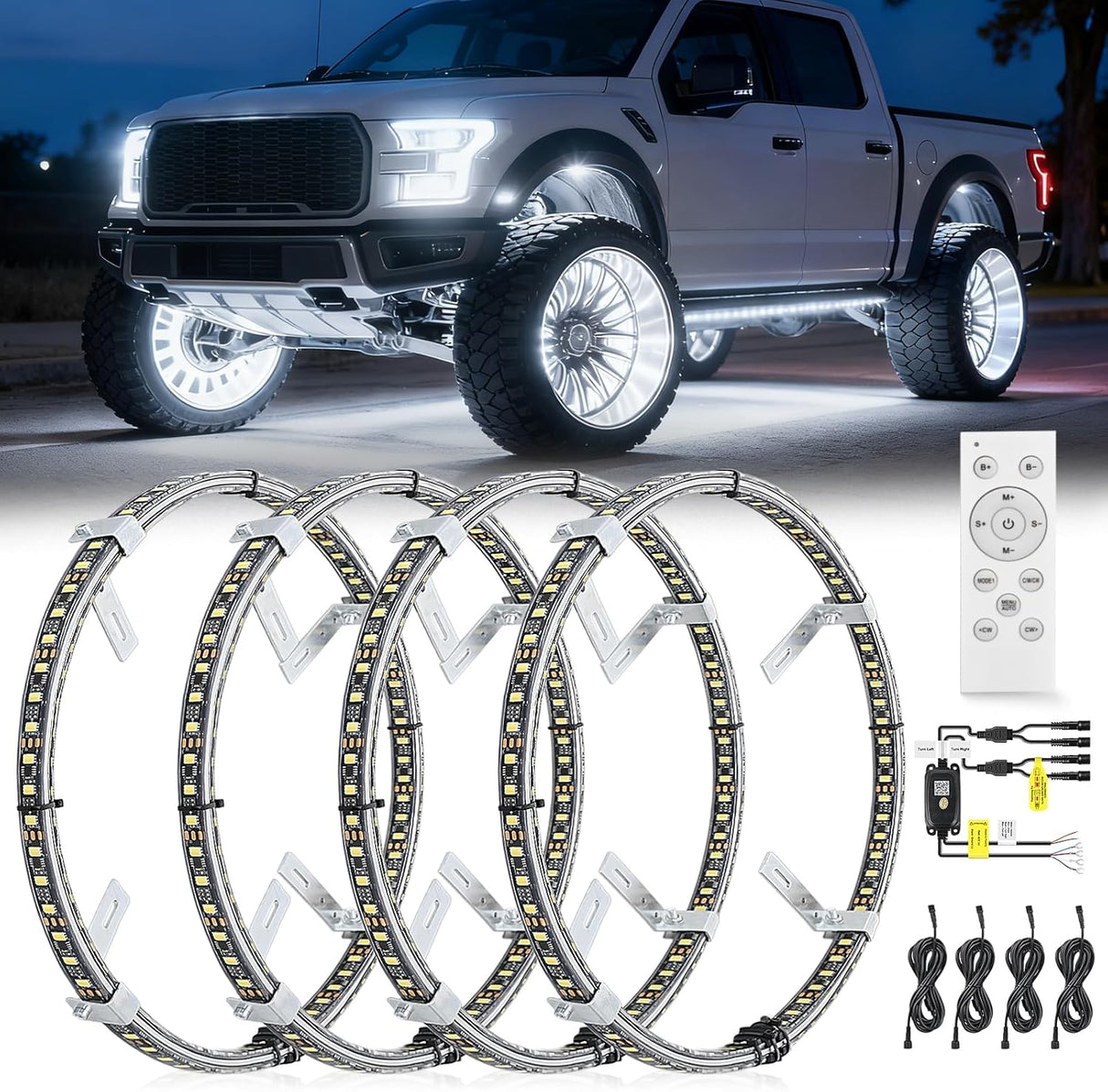 4PCS 17inch Double Row LED Wheel Ring Lights Pure White with Remote Control w/Turn Signal Braking and Reverse Function Dual Row for Car Van SUV Truck