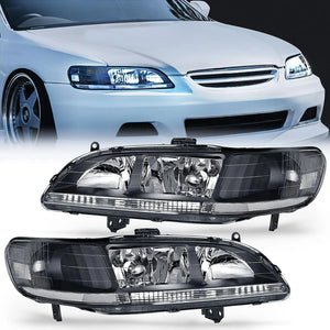 1998 1999 2000 2001 2002 Honda Accord Headlight Assembly Black Case Clear Reflector Upgraded Clear Lens