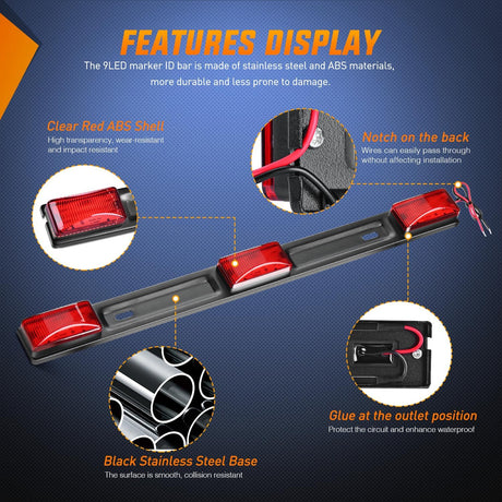 Nilight LED Trailer Light Kit 2 PCS Red Rectangular Stop Turn Tail License Lights 3.9 Inch Amber Side Marker Taillights 9 LEDs ID Bar For 12V RV Truck Marine Boat Snowmobile