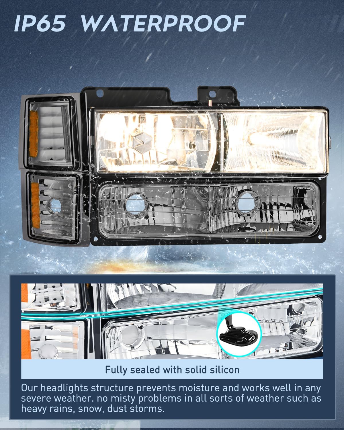 Headlight Assembly for 1994 1995 1996 1997 1998 Chevy Silverado Tahoe Suburban C10 C/K 1500 2500 3500 Replacement Headlamp Chrome Housing Amber Reflector Smkoe Lens Bumper Corner Lamp