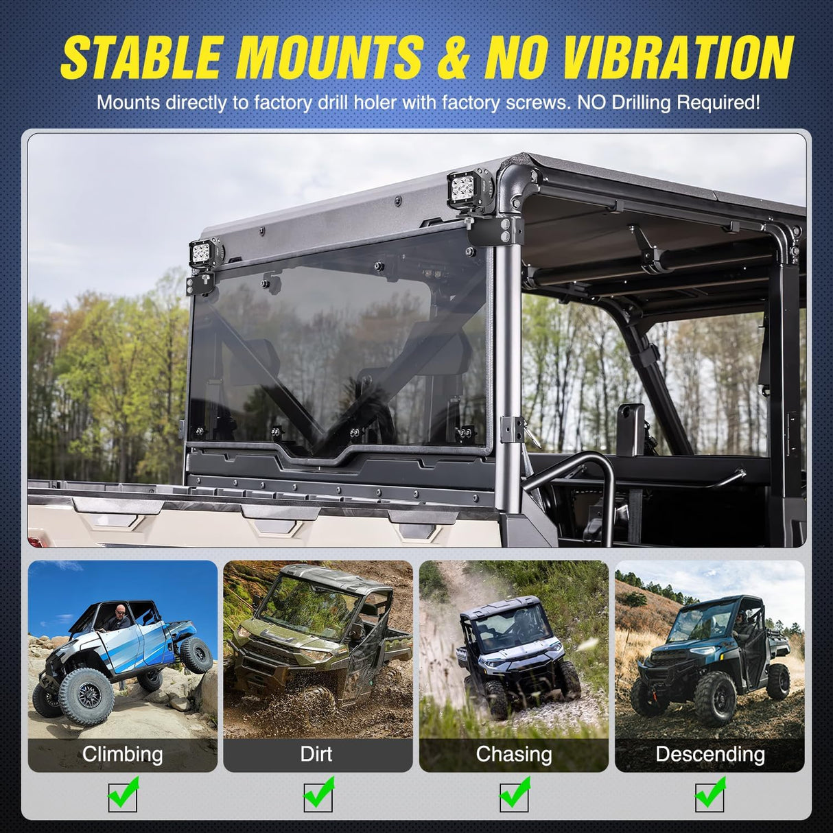 Light Bar 2PCS 3 Inch LED Pods Cubes UTV Rear Roof Mounting Brackets LED Backup Reverse Lighting 15FT Wiring Harness Kit 2 Leads for 2013-2024 Polaris Ranger Full Size 570 800 900 1000 XP Crew