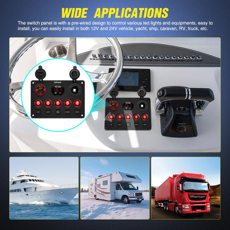 5 Gang Multi Function Waterproof Switch Panel PD Type C and USB Socket Digital Voltmeter 12V Outlet Rocker with Inline Fuse for RVs Cars Boats Trucks Trailers Red