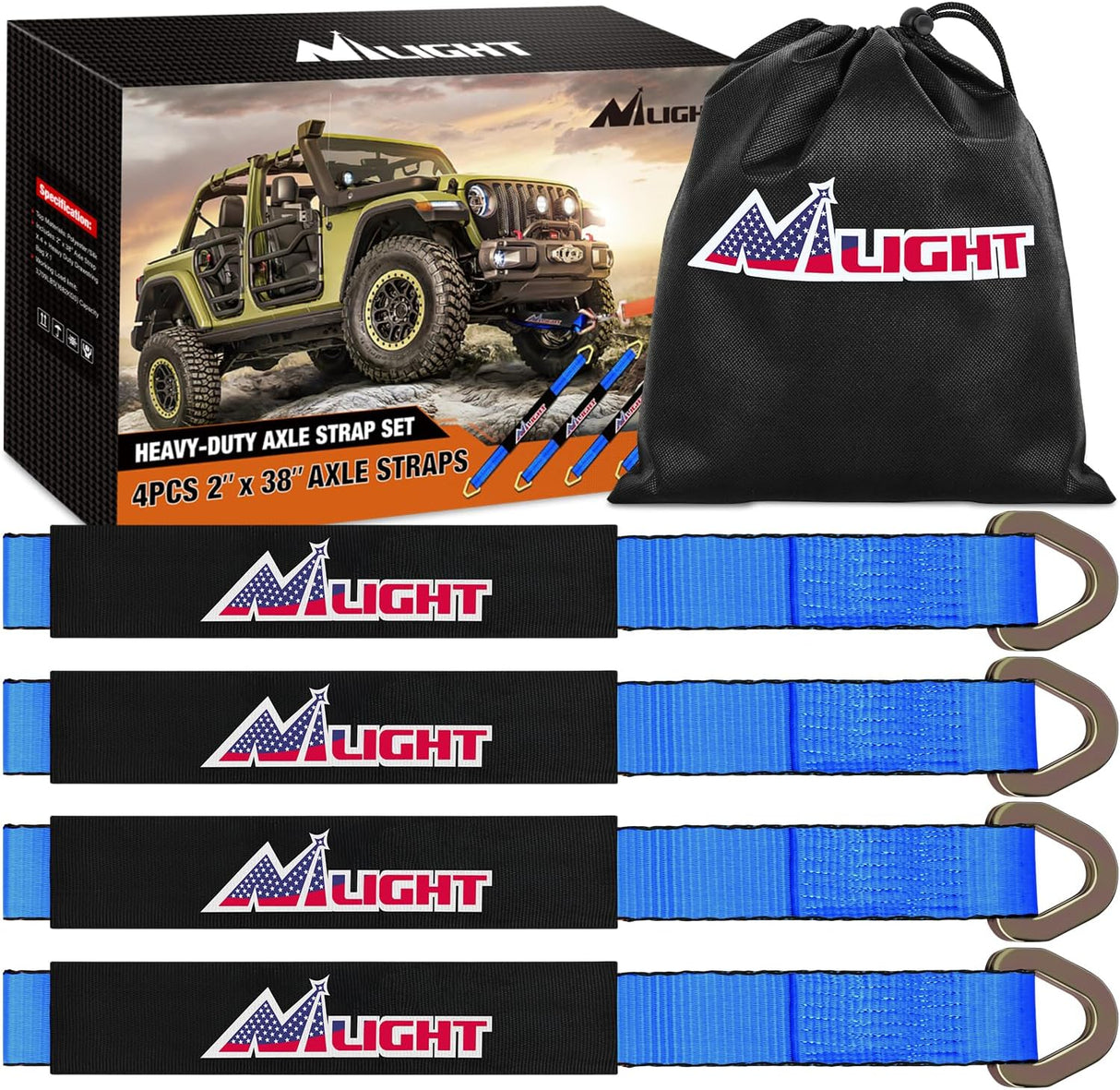 2 Inch x 38 Inch Axle Tie Down Straps with D-Rings & Protective Sleeves | 11,127 LBS Break Strength for Car Haulers Engine Hoists Trucks Trailers and UTVs 4 Pack Blue