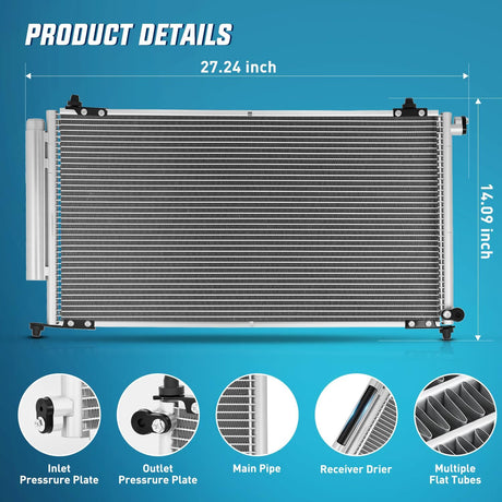 AC Condenser Fit for Honda CR-V 2002-2006 Element L4 2.4L 2003-2011 Air Conditioning A/C Condenser with Receiver Drier Replace# 3112, 4770629, HO3030124, 80101SCAA01, 80110S9A003, 80110S9A013