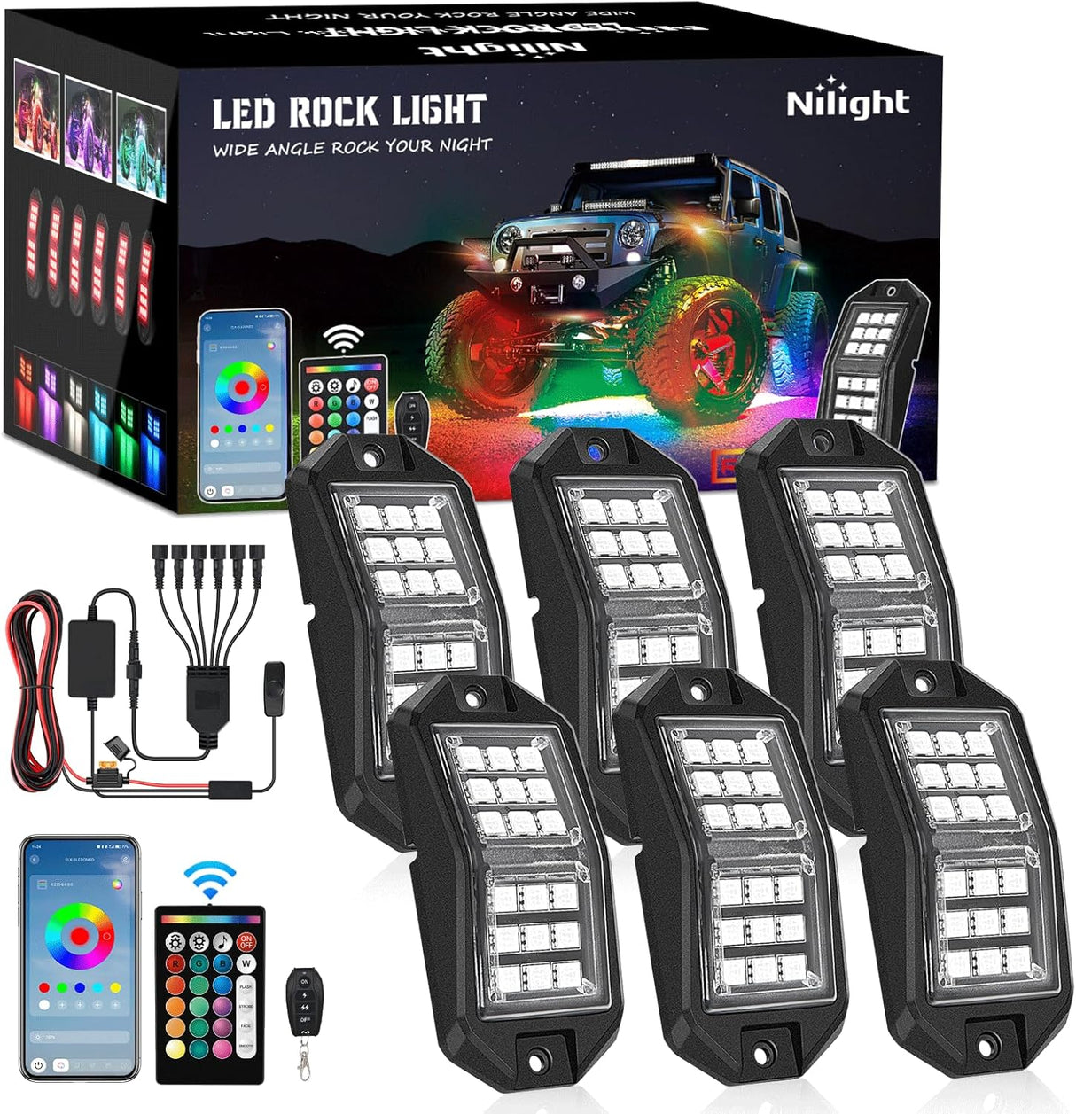 RGB LED Rock Lights Kit 6 PCS 18LED Wide Angle Wheel Well Light with Remote & Bluetooth App Dual Control Multi Modes Underglow Multicolor Neon Pod for ATV UTV SUV Offroad Truck RZR Boat