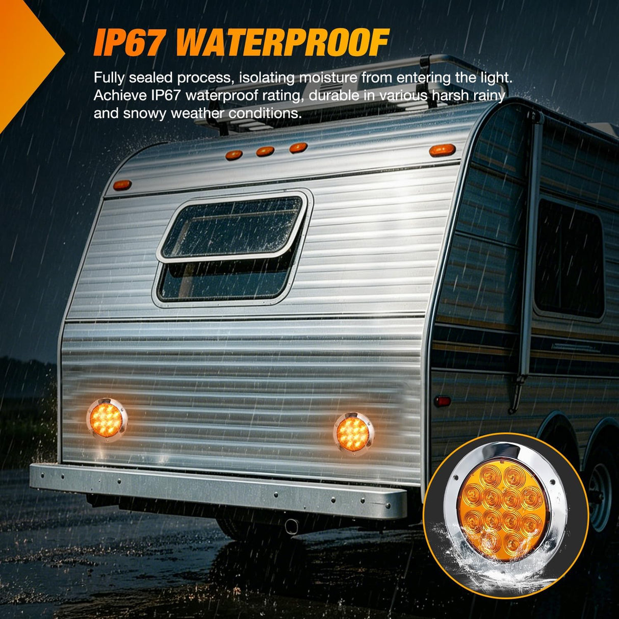 Trailer Tail Lights 2PCS 4Inch Round 12LED Amber Chrome Frame | IP67 Waterproof Marker Clearance Turn Signal Running Taillights for Trailer Truck Pickup Camper RV