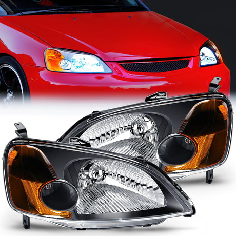 2001-2003 Honda Civic Headlight Assembly Black Case Amber Reflector Clear Lens Nilight