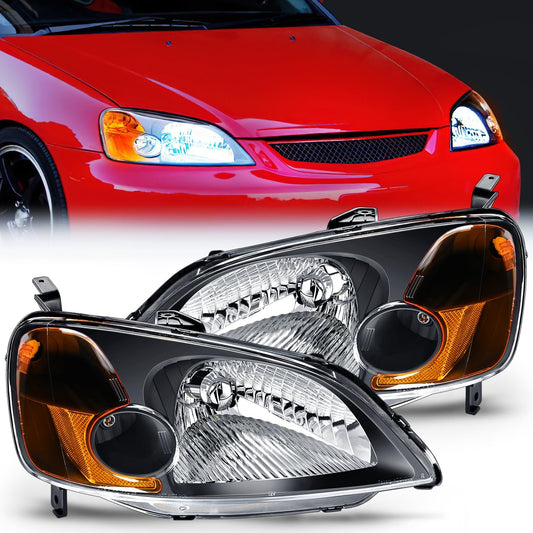 2001-2003 Honda Civic Headlight Assembly Black Case Amber Reflector Clear Lens Nilight