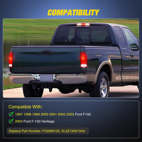 Third Brake Light Tail High Mount 3rd Stop Cargo Reverse Lights Red Lens Compatible with Ford F150 1997 1998 1999 2000 2001 2002 2003 F-150 Heritage 2004 Pickup Truck Rear Cab Lamp