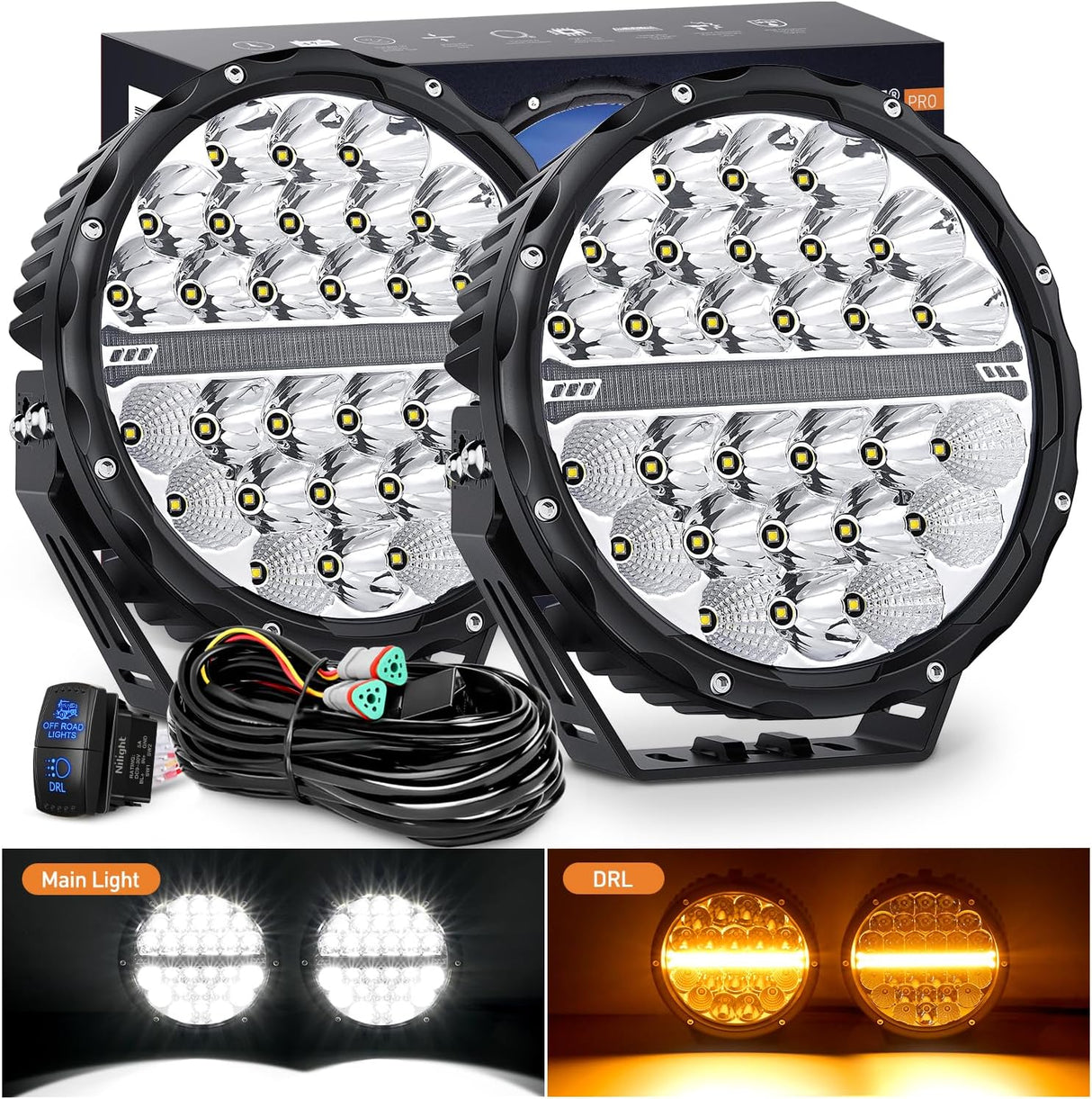 LED Offroad Driving Lights with Amber DRL 2PCS 9 Inch Round 140W IP68 Spot Flood Combo Work Light Bar with 12AWG DT Connector Wiring Harness Kit for 4x4 Truck ATV UTV SUV