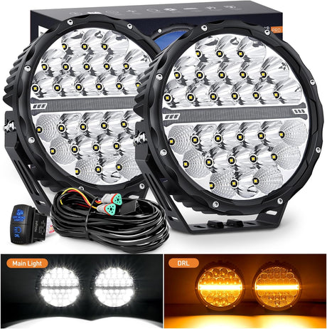 LED Offroad Driving Lights with Amber DRL 2PCS 9 Inch Round 140W IP68 Spot Flood Combo Work Light Bar with 12AWG DT Connector Wiring Harness Kit for 4x4 Truck ATV UTV SUV