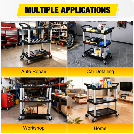 3-Tier Utility Plastic Cart with Steel Frame - 220 lbs Capacity Rolling Service Cart with Locking Wheels - Professional Bus Cart
