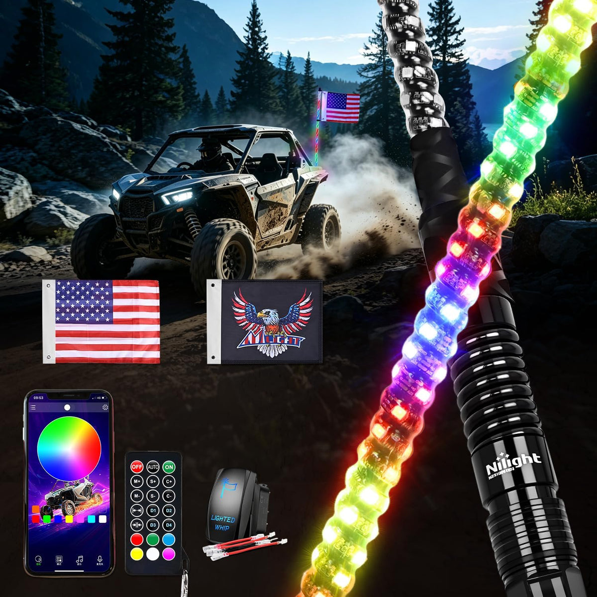 RGB LED Whip Light 1PC 4FT Spiral Antenna Whips | APP and Remote Control with DIY Chasing Patterns Brake Reverse Functions and Spring Base for ATV UTV RZR Can Am and Jeep