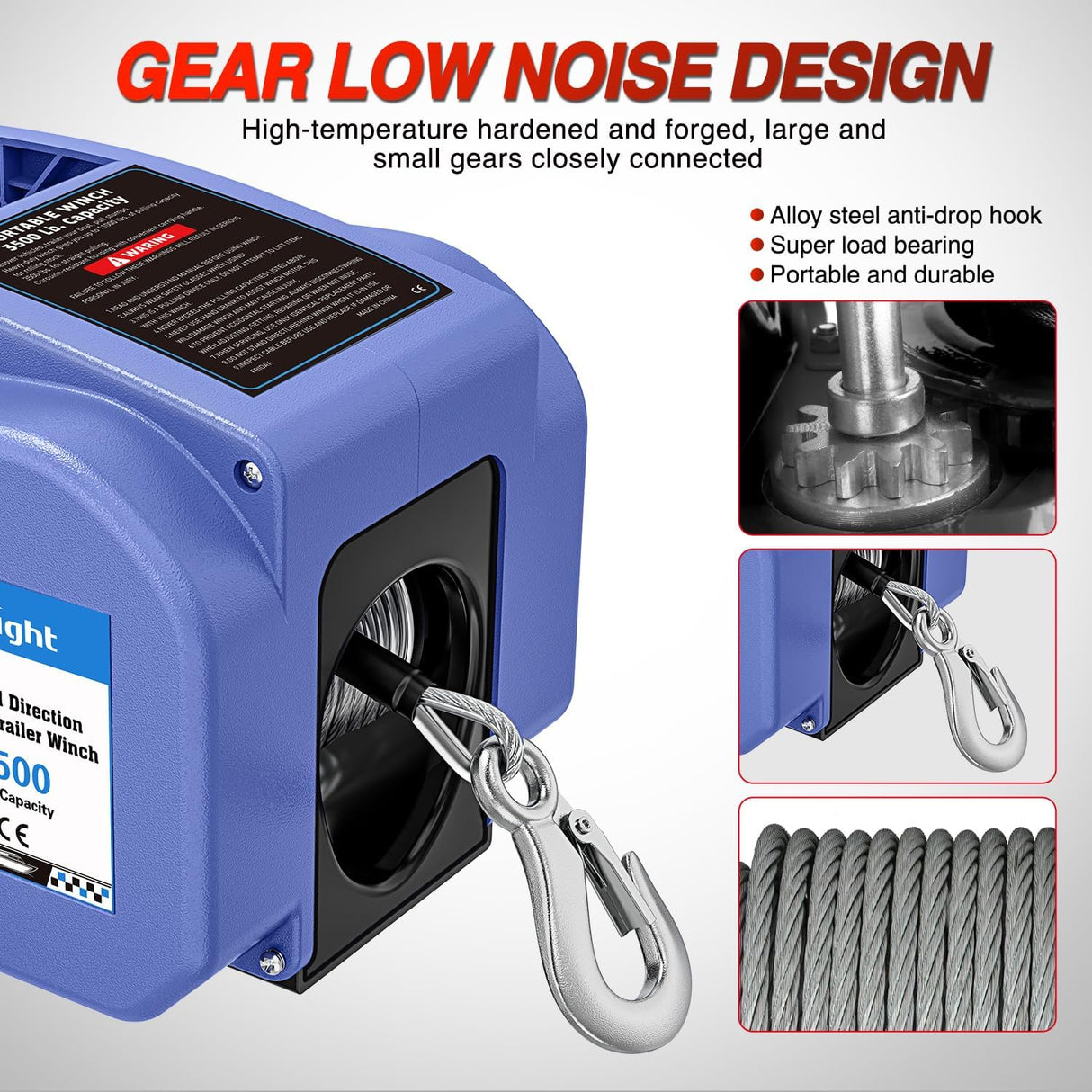 Boat Trailer Winch 3500 lbs Portable Electric Boat Winches 12 V DC Marine Winch with Steel Cable Remote Control & Hand Crank Power-in Freewheel Operat Waterproof Winch for Boat Trailer, Blue