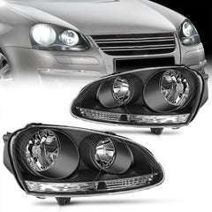 2005-2010 Volkswagen Jetta 2006-2009 VW Rabbit GTI Headlight Assembly Black Housing Clear Reflector