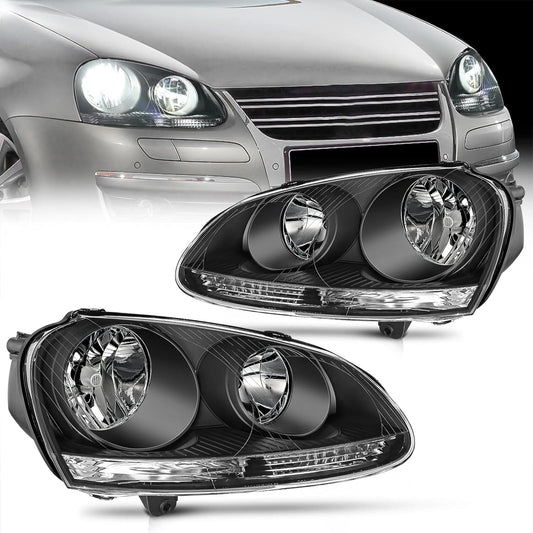Headlight Assembly Headlight Assembly Black Housing Clear Reflector For 2005 2006 2007 2008 2009 2010 Volkswagen Jetta 2006 2007 2008 2009 VW Rabbit GTI (Pair)