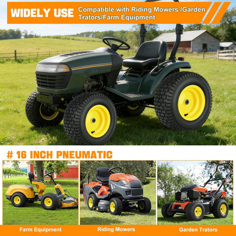16x6.50-8 Lawn Mower Tires, 16 Inch Pneumatic Rubber Tire with 3/4 Inch Axle Bore & 3 Inch Hub Length, Air-Filled Replacement Wheels for Riding Lawn Mowers, 2 Pack