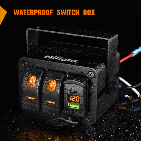 2 Gang Rocker Switch Box 12V SPST ON Off Toggle Switches PD Type C and QC 3.0 USB Sockcet Voltmeter LED Light Waterproof Aluminum Mount Bracket Panel DIY Stickers for Boat Car RV Truck